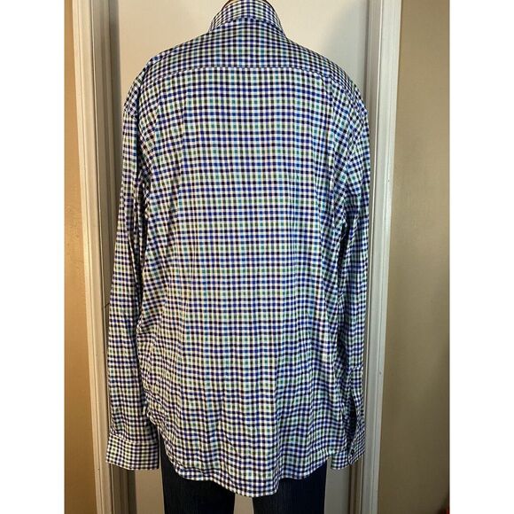 Butter Cloth Shirt Mens L Blue White Green Slim Plaid Button Long Sleeve Stretch - Picture 3 of 11